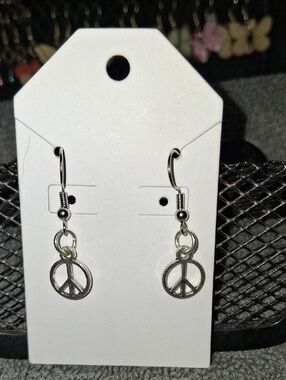 Silver Peace Sign Dangle Earrings - Unbranded